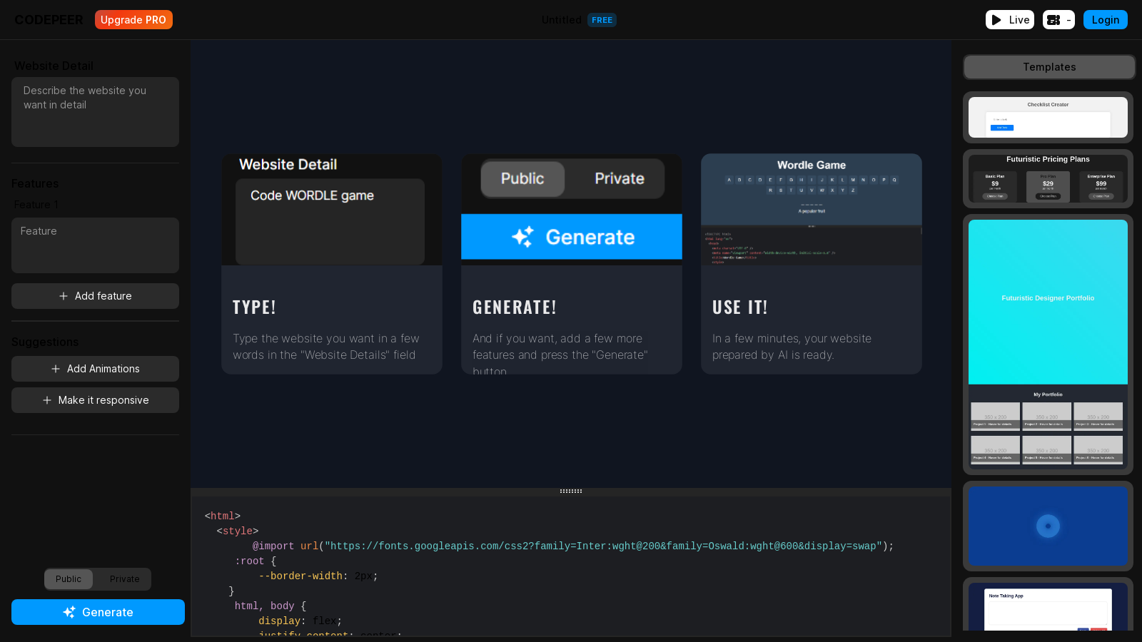 CODEPEER PRO: Generate Your Dream Website Instantly